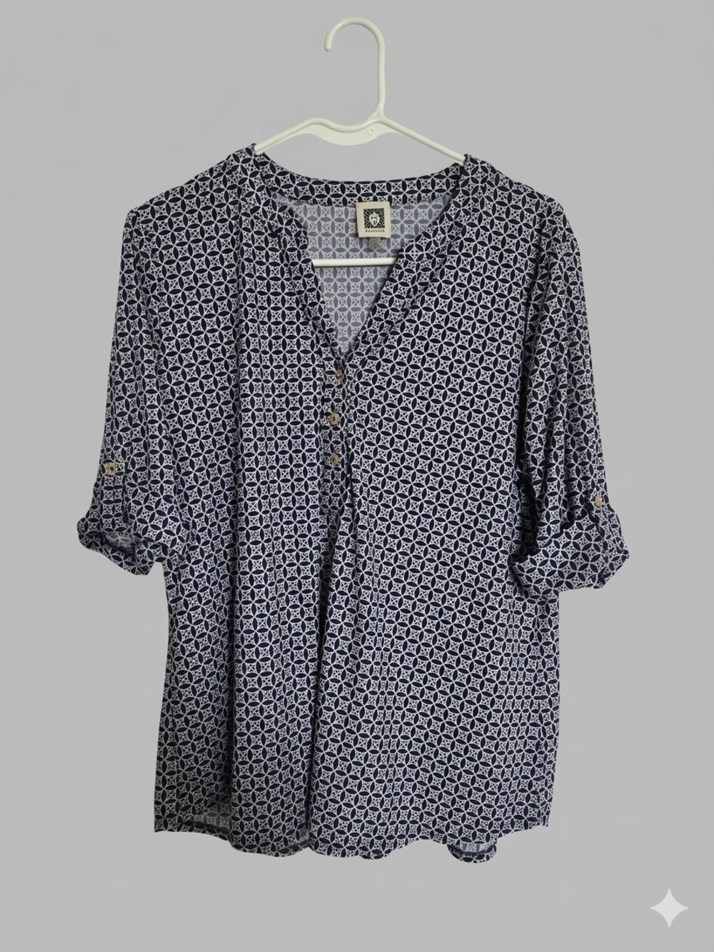 Anne Klein Navy and White Geometric Button-Front Blouse